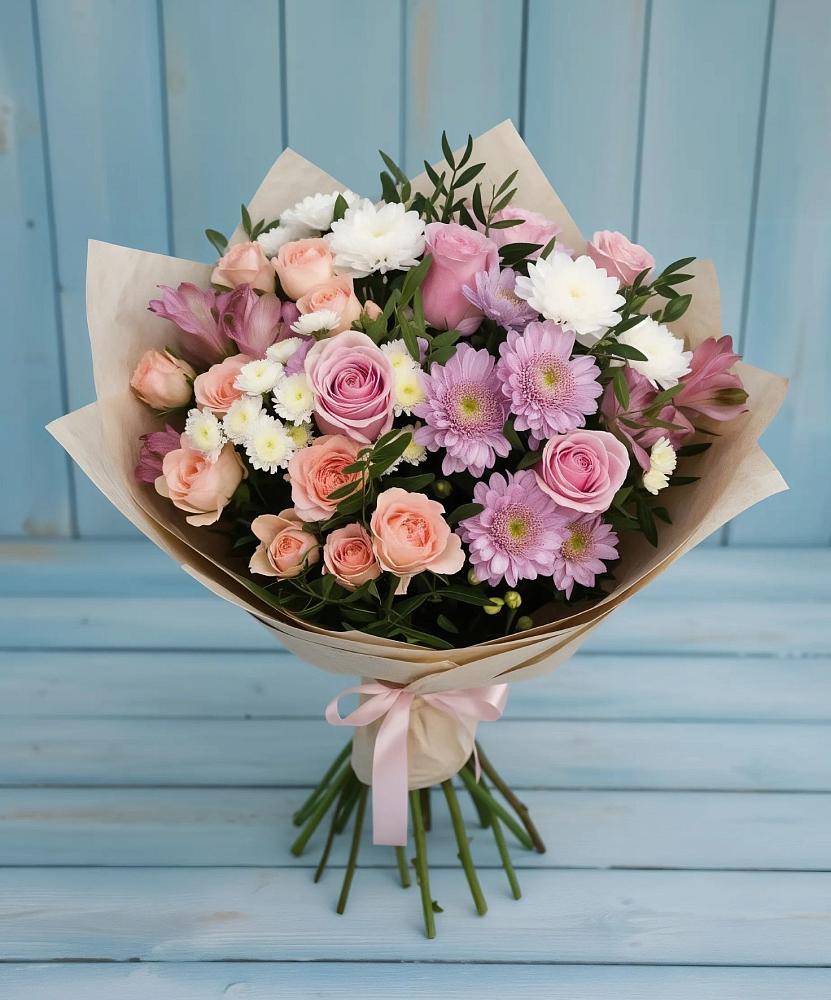 Букет цветов из: Хризантемы, Розы и Альстромерии в Семикаракорске