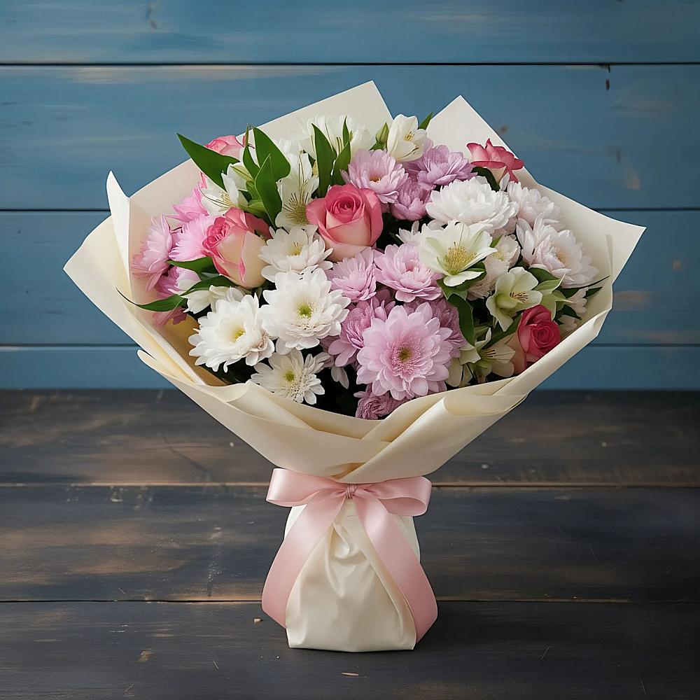 Букет цветов из: Хризантемы, Альстромерии и Розы в Семикаракорске